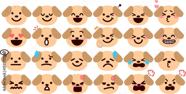 Fototapeta 絵文字、顔文字 いろいろな表情の犬の顔のイラストセット