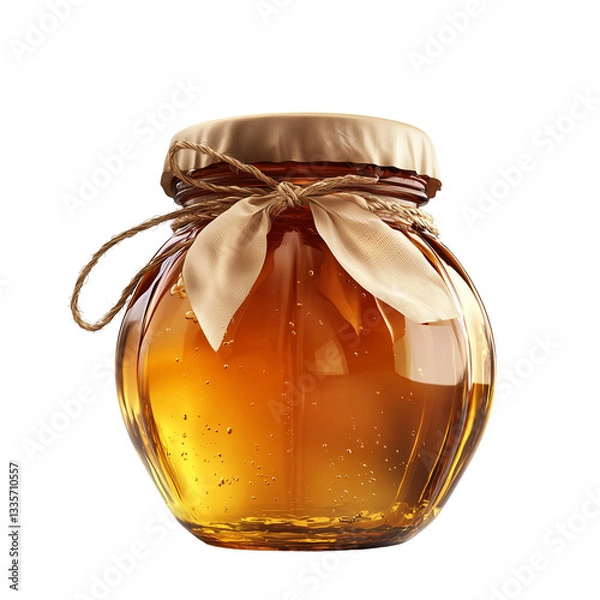Fototapeta Golden honey in a glass jar with ribbon and twine isolated on transparent  background png
