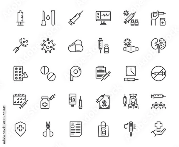Obraz Vector icon set of doctor syringe and related things, hospital medical and nurse pill concept ,48x48 pixel perfect editable stroke line for website, mobile app, ux, ui design transparent background