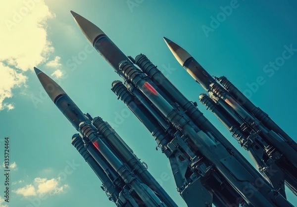 Fototapeta Majestic view of large missiles pointing towards a clear blue sky with dynamic sunlight.