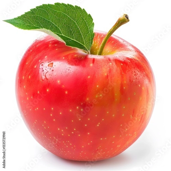 Fototapeta Fresh Red Apple with Leaf on White Background for Healthy Lifestyle