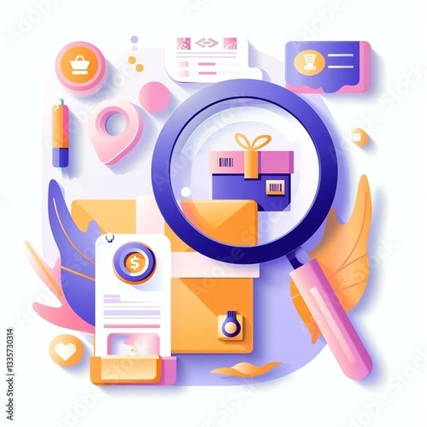 Fototapeta A vibrant and modern illustration depicting various business elements, including a magnifying glass over a package, showcasing themes of analysis, marketing, and commerce.