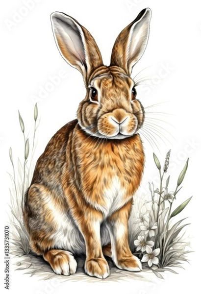 Fototapeta Close-up of a rabbit sitting in a grass with flowers in bloom