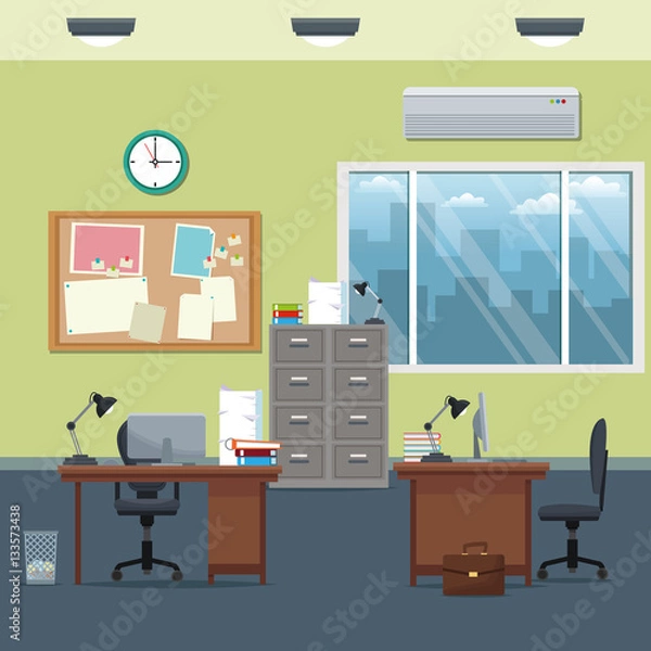Fototapeta office workspace desks cabinet board notice clock lamp window vector illustration