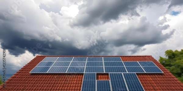 Fototapeta Storm clouds obscure solar panels on a house roof, house, solar cell