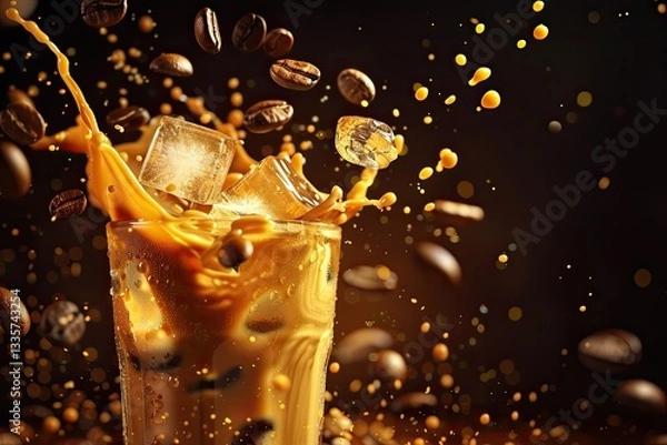 Fototapeta Iced Latte Coffee Splash with Ice Cubes and Roasted Beans on a Dark Background with Copy Space