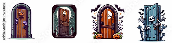 Fototapeta Y2 Halloween Creaking door 1 2 minimalist vector graphic showing a spooky haunted house entrance