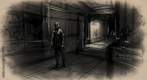 Fototapeta A black and white sketch-style illustration of a man standing in a dark corridor, holding a long object, with a light source at the end of the corridor, creating a mysterious and isolated scene.
