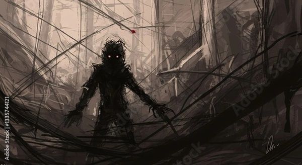 Obraz A dark and mysterious digital illustration of a humanoid figure with glowing eyes in a labyrinthine environment, creating a dramatic and threatening scene.