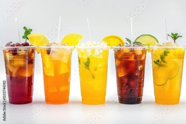 Fototapeta Ultra Quality Image of Various Iced Tea in Takeaway Plastic Cups
