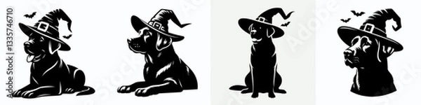 Obraz Labrador Retriever Dog wear witch hat in halloween, simple monochrome vector drawing of a canine friend in a spooky costume