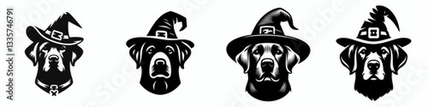 Fototapeta Labrador Retriever Dog's face wears a witch hat in Halloween; create a simple vector outline drawing of this spooky pup.