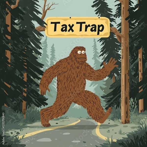 Obraz A whimsical illustration of Bigfoot encountering a tax trap sign in a dense forest.