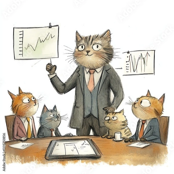 Obraz A whimsical illustration of cats engaged in a business meeting, showcasing humor in a corporate setting.