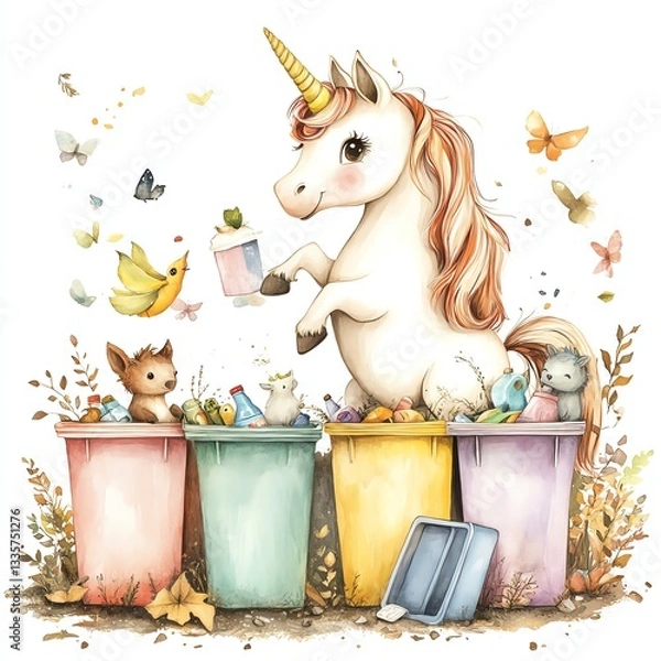 Obraz A whimsical unicorn cleaning up with woodland friends, promoting environmental awareness and recycling.