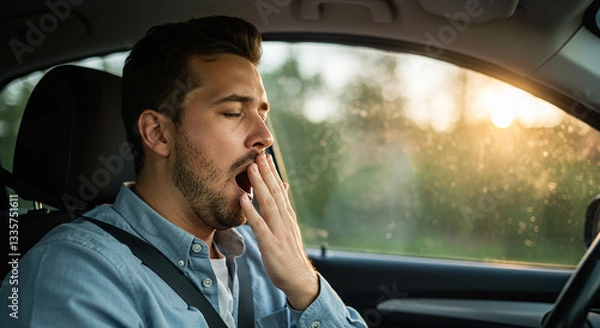 Fototapeta Sleepy driver yawning while driving a car, feeling drowsy and fatigued due to exhaustion and lack of sleep.