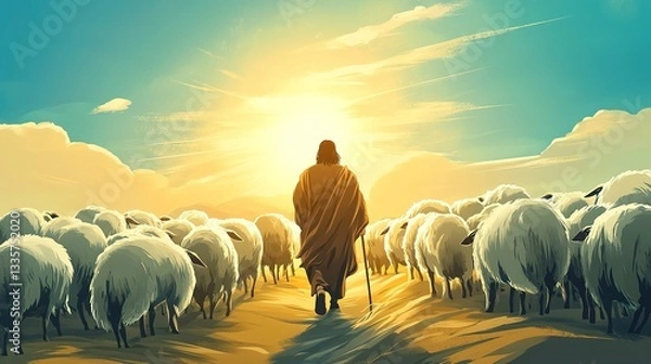 Obraz Wanted sheep. Jesus Leaves the 99. Once was lost now i am found. Christian scripture motivation poster and inspirational wall art. Bible verse. Christian quote for inspiration. Vector illustration