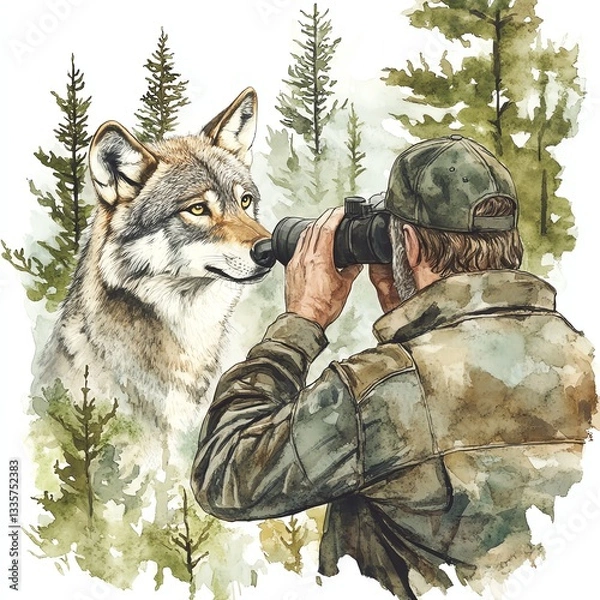 Obraz A wildlife enthusiast observing a wolf through binoculars amid a lush forest backdrop.