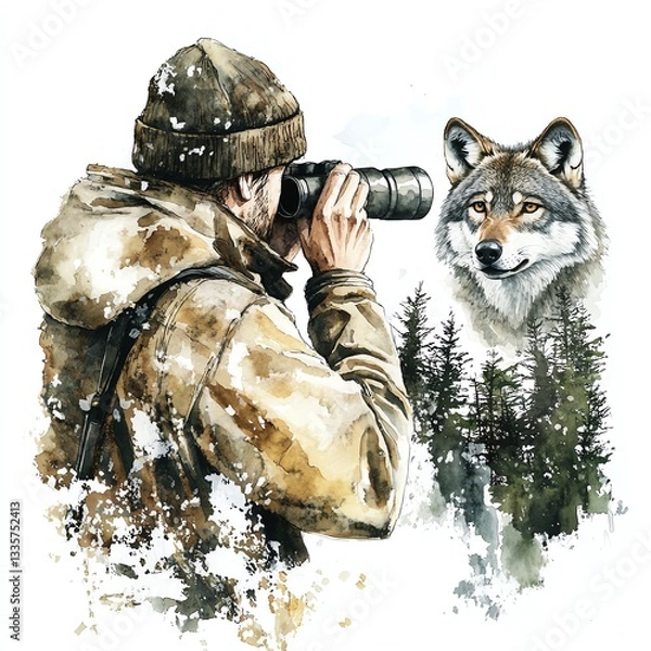 Obraz A wildlife photographer capturing a stunning shot of a wolf in a serene forest setting.