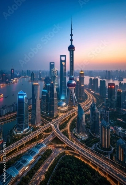 Obraz The city skyline has many stories of buildings and a river