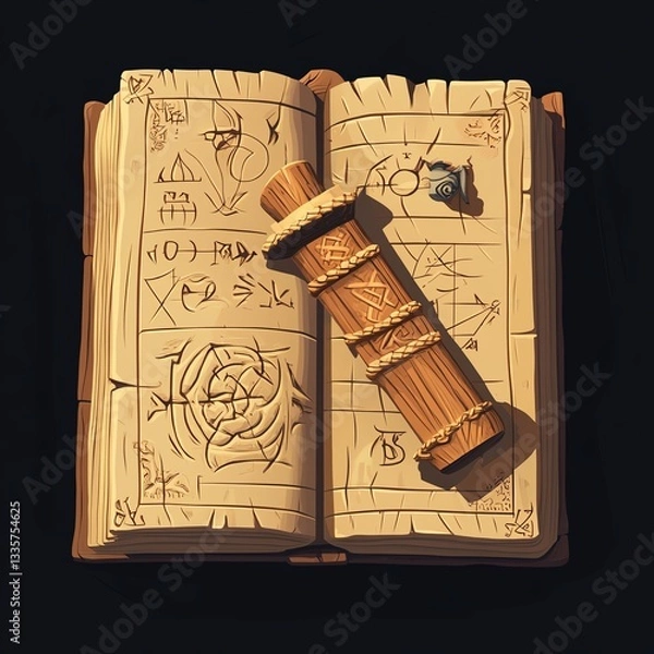 Obraz An ancient book with mystical symbols and a scroll, evoking a sense of mystery and history.
