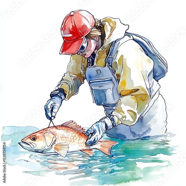 Obraz An angler skillfully catches a fish in clear water, showcasing the joy of fishing as a relaxing hobby.