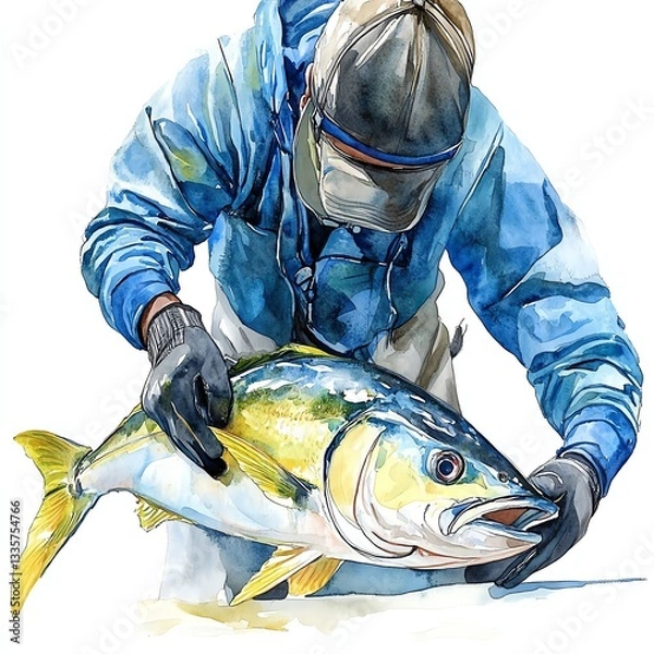 Obraz An angler skillfully catches a fish, showcasing the thrill of fishing and the bond between nature and sport.