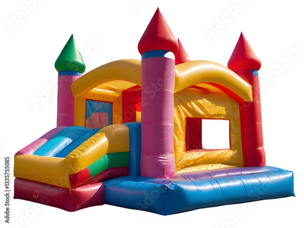 Fototapeta Big colorful bouncy castle, colorful inflatable bouncy castle toy isolated on white background, concept of children's playground, outdoor toy.