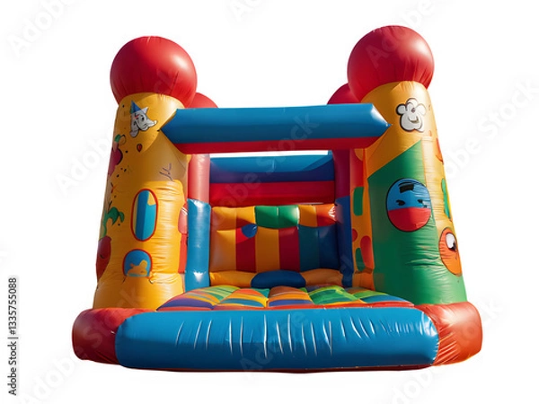 Fototapeta Big colorful bouncy castle, colorful inflatable bouncy castle toy isolated on white background, concept of children's playground, outdoor toy.