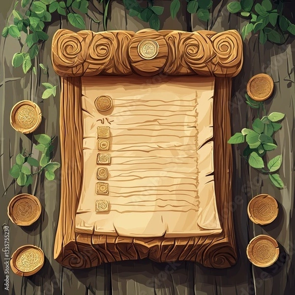 Obraz An artistic wooden board with a nature theme, perfect for note-taking or bulletin displays in a rustic setting.