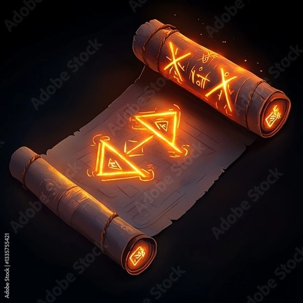 Obraz An illuminated scroll featuring ancient symbols and glowing markings, providing a mystical and enchanting atmosphere.