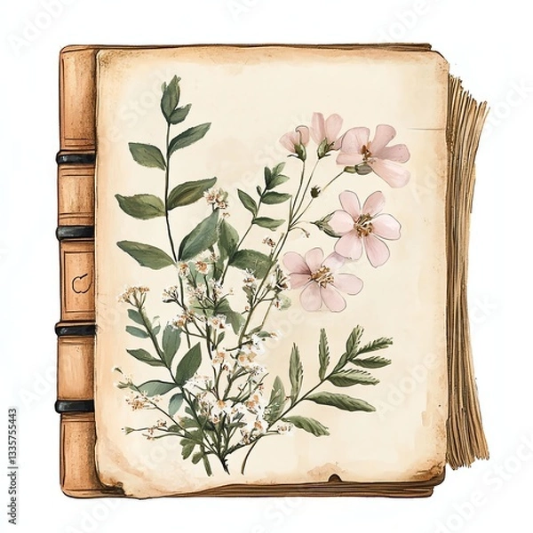 Obraz An illustrated botanical page featuring delicate flowers and green leaves on an aged book background.