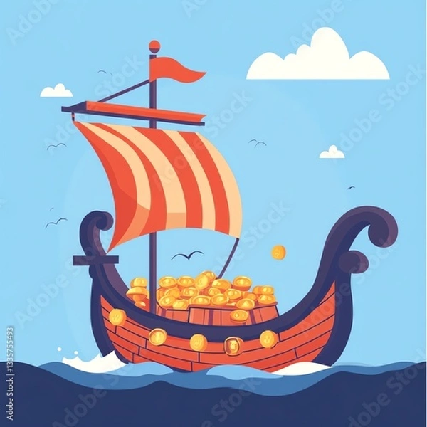 Obraz An illustrated ship sailing on the sea, loaded with treasure and gold coins, under a bright blue sky.