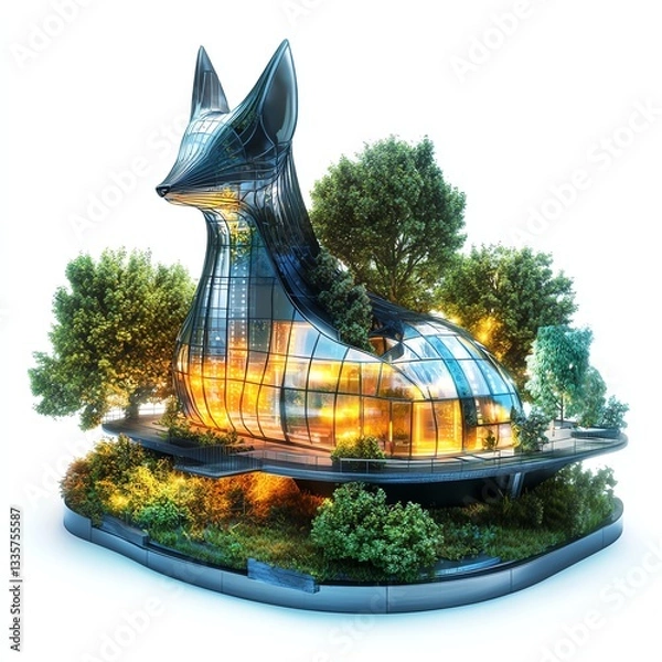 Obraz An imaginative architectural design resembling a fox, surrounded by lush greenery and modern features.
