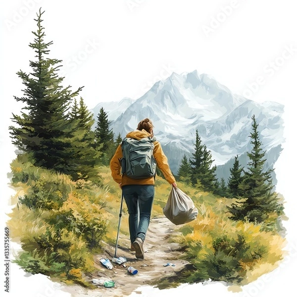 Obraz An individual hiking through a mountainous landscape while collecting litter to promote environmental cleanliness.