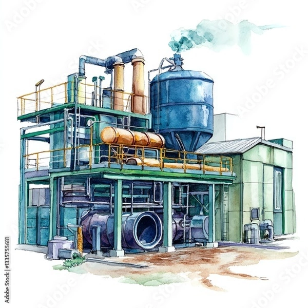 Obraz An industrial facility featuring tanks, pipes, and machinery emitting steam, showcasing modern manufacturing.