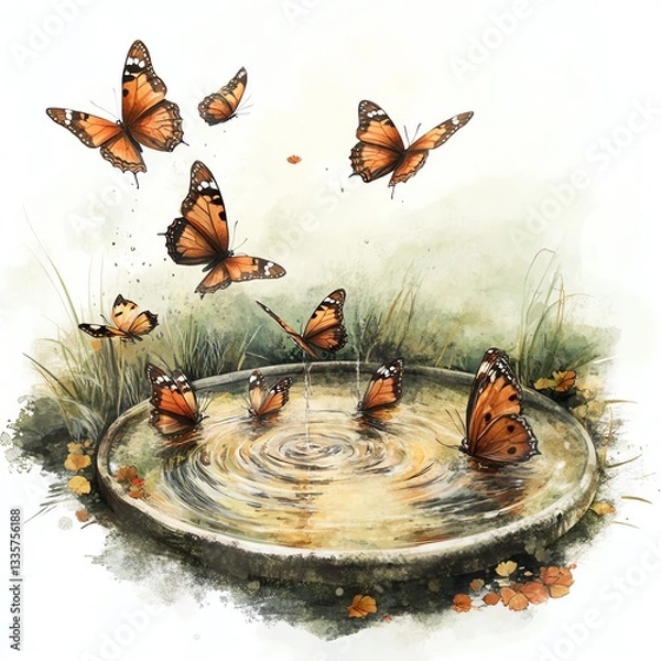 Obraz Beautiful butterflies flutter above a serene water pool surrounded by lush greenery and vibrant flowers.
