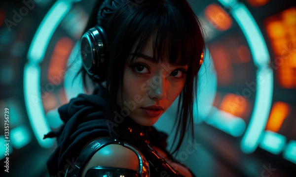 Fototapeta Woman with dark hair and headphones stares intensely. Futuristic lights in blue and orange create a cyberpunk ambiance with metallic accents.