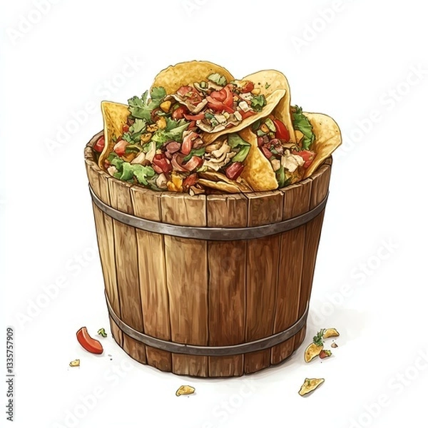 Obraz Colorful bucket overflowing with delicious nachos topped with fresh vegetables and spices, perfect for a snack or party.