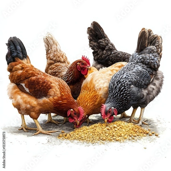 Obraz Colorful hens pecking at grains, showcasing a lively farm scene filled with textures and hues.