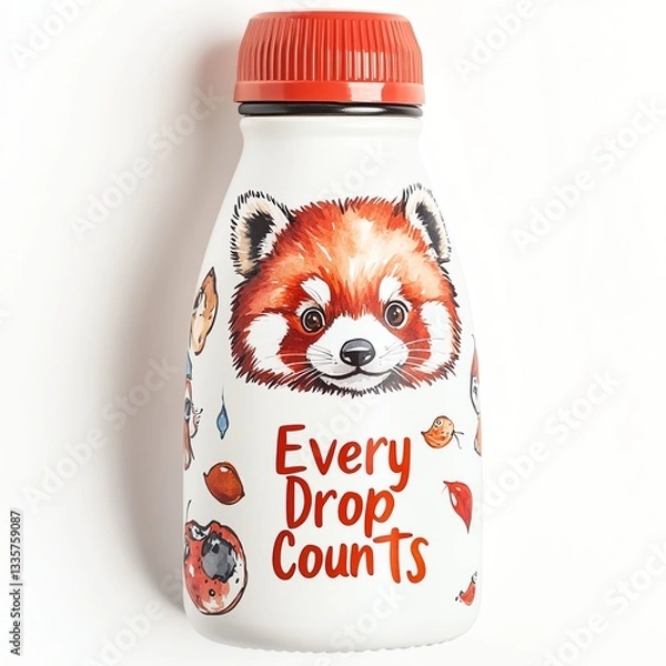 Obraz Cute red panda design on a bottle highlighting the importance of water conservation.