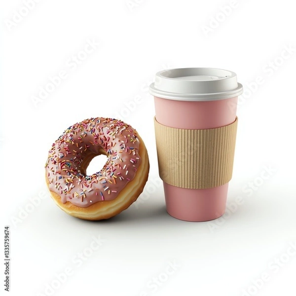 Obraz Delicious pink frosted donut next to a coffee cup, perfect for breakfast or a sweet snack.
