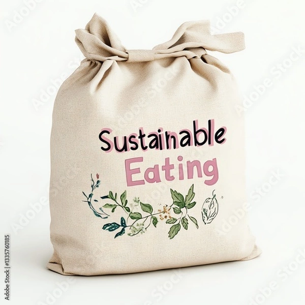 Obraz Eco-friendly bag promoting sustainable eating, featuring floral designs and vibrant typography, perfect for conscious consumers.