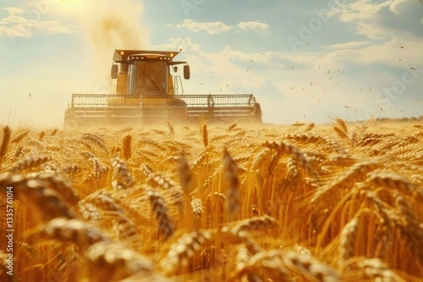 Fototapeta Vibrant Image of Ripe Wheat Cutting with Heavy Machinery Outdoors