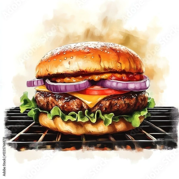 Obraz Succulent hamburger with fresh ingredients sizzling on the grill, perfect for food lovers and BBQ enthusiasts.