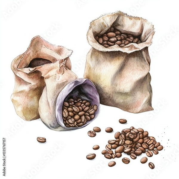 Obraz Three sacks filled with coffee beans, showcasing different textures and colors, ideal for coffee-related themes.
