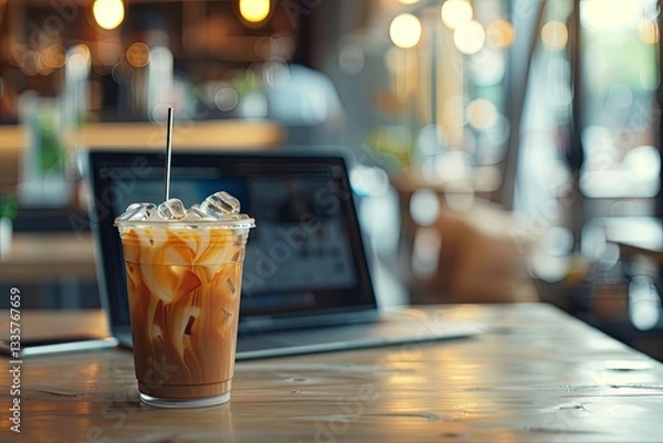 Fototapeta Sharp Image of Iced Coffee with Laptop Background,