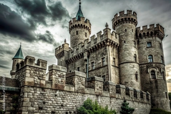 Obraz Majestic Stone Castle, Medieval Fortress, Two Towers, Fortified Walls, Epic Fantasy Architecture, Ancient Ruins, Game Background,  High Resolution, Digital Painting