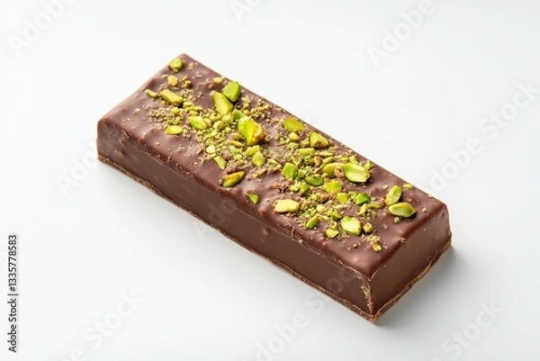 Fototapeta Delicious chocolate bar topped with bright green pistachio pieces on a light background.