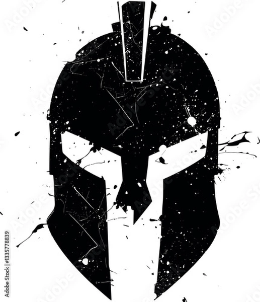 Obraz Abstract black grunge spartan and viking helmet with ink blots splashes isolated on white background